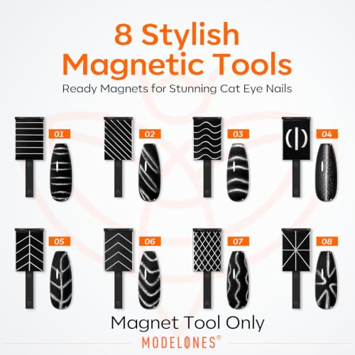 modelones Cat Eye Magnet 15PCS Brown Cat Eye Gel Polish Nail Stuff, Multi-shape Heart Moon Flower Square Effects with Bead-Attracting Nail Art Tool, UV/LED Lamp Required, DIY Halloween Nail Art