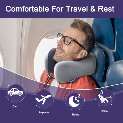napfun Neck Pillow for Traveling, Upgraded Travel Neck Pillow for Airplane 100% Pure Memory Foam Travel Pillow for Flight Headrest Sleep, Portable Plane Accessories, Light Grey