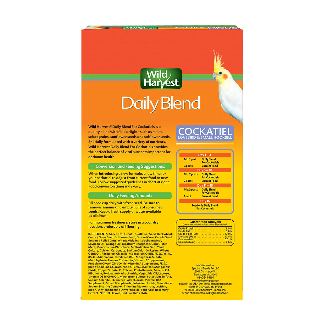 Wild Harvest Daily Blend Bird Food for Cockatiels, 2 lbs. | For Cockatiels, Lovebirds & Small Hookbills, Quality Blend Made With Millet, Select Grains, Sunflower Seeds & More