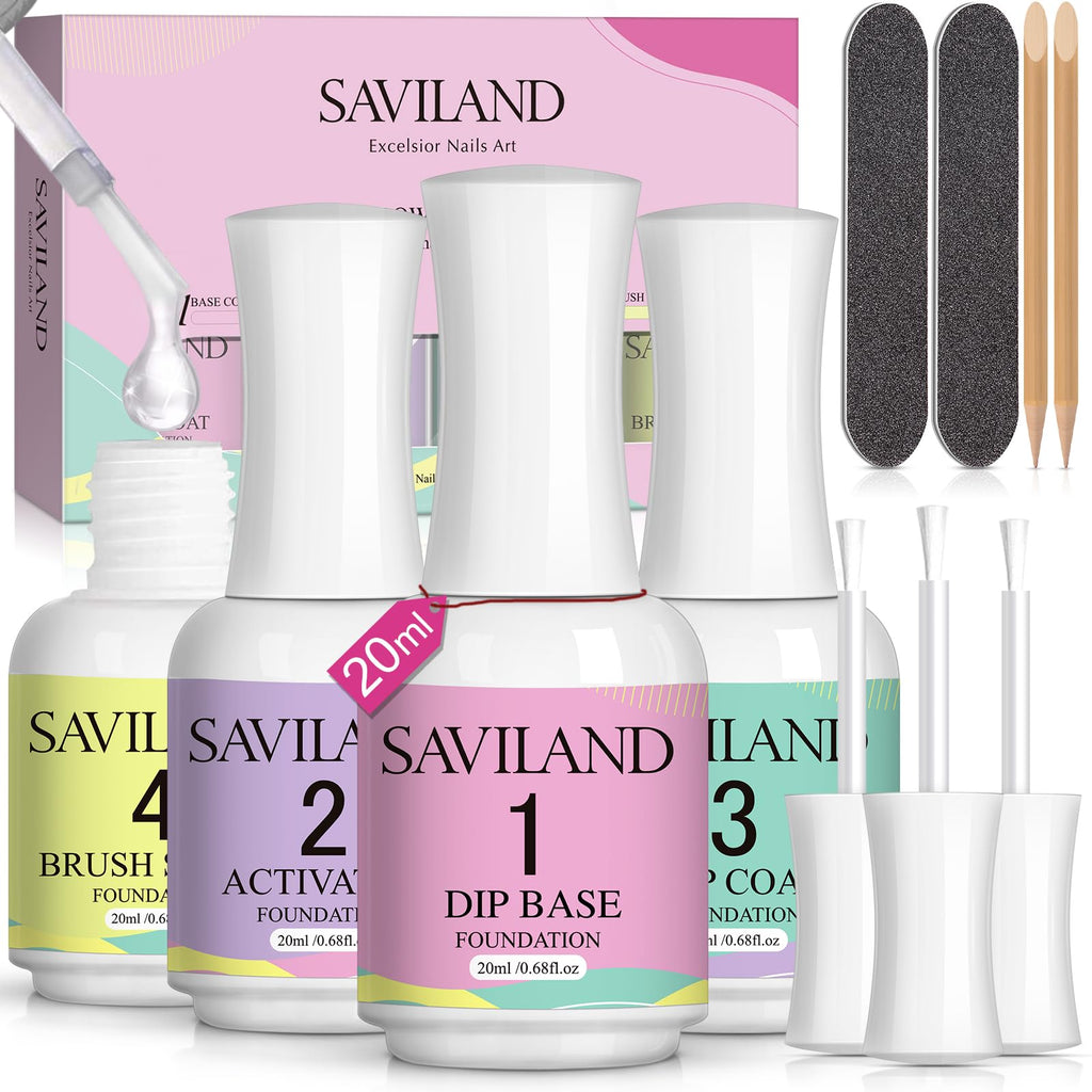 SAVILAND Dip Powder Liquid Set HEMA-free, 4Pcs 20 ml No Curing Needed | Ultimate Nail Dip System Essentials Liquid, Large Capacity, Dipping Base Activator Top Coat Brush Saver, DIY Home Manicure