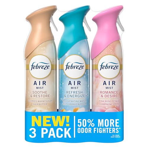 Febreze Air Mist, Air Freshener, Odor Fighting Room Spray, Deodorizer for Home Bathroom Kitchen Office Apartment, Soothe & Restore, Refresh & Energize, Romance & Desire Variety Pack, 8.1oz (Pack of 3)