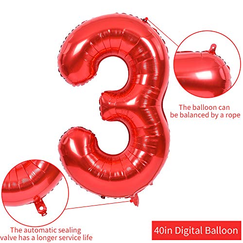 TONIFUL 40 Inch Red Number 3 Balloons Large Foil 3rd Birthday Decorations | Red 3 Balloon Number Three for 3rd 13th 23rd 30th Birthday 3 Year Anniversary, Red Birthday Decor for Men Women Boys Girls