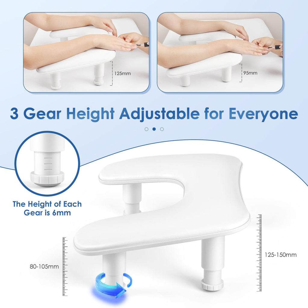 LIONVISON Arm Rest for Nails Tech: U-shaped Adjustable Nail Armrest | PU Leather Manicure Hand Stand Rest for Manicurists - Thick Non-Slip Pad Long-Lasting White