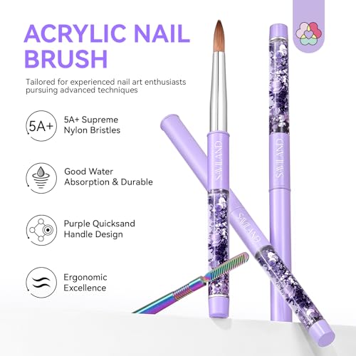 SAVILAND Kolinsky Acrylic Nail Brush Size 6,10,14 with Brush Cleaner Purple | Professional Nail Brushes, Cleaner Manicure Tool, Acrylic Brush Acrylic Powder, Nails Extension 3D Carving for Nail Art DIY