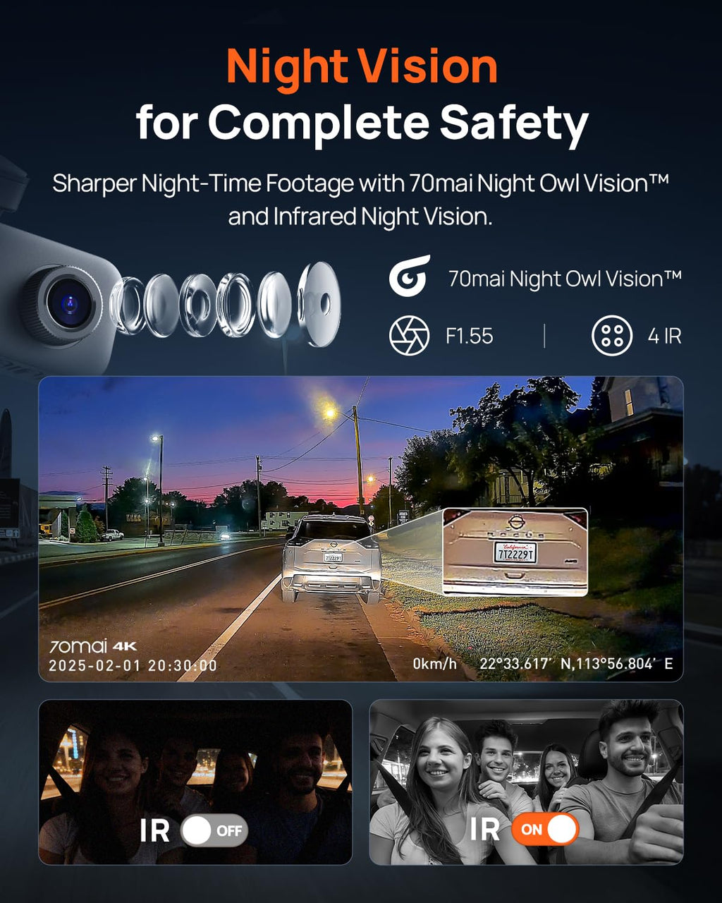 70mai 4K Dash Cam Front and Rear Inside, 3 Channel Car Dash Camera for Cars, Dashcam with GPS, Wi-Fi 6, Voice Control, Parking Monitor, Night Vision, Loop Recording, 64GB SD Card Included (T800E)