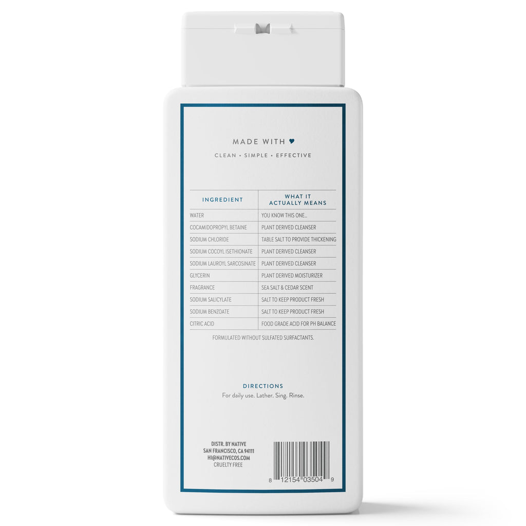 Native Clean Body Wash for Women & Men, Sea Salt & Cedar Scent, 18 fl oz | Gentle & pH Balanced for Sensitive Skin | 24HR Freshness | Free of Sulfates, Parabens, Phthalates | Vegan & Cruelty-Free