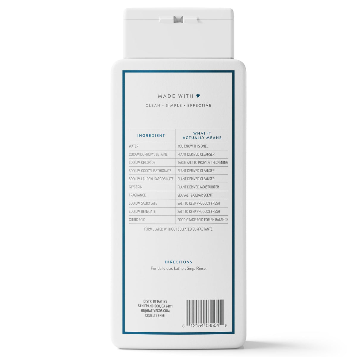 Native Clean Body Wash for Women & Men, Sea Salt & Cedar Scent, 18 fl oz | Gentle & pH Balanced for Sensitive Skin | 24HR Freshness | Free of Sulfates, Parabens, Phthalates | Vegan & Cruelty-Free
