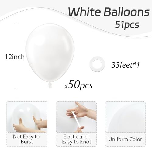 White Balloons 12 inch, White Latex 50pcs Party Balloons | Engagement, Bridal Shower, Wedding, Birthday Party Decorations