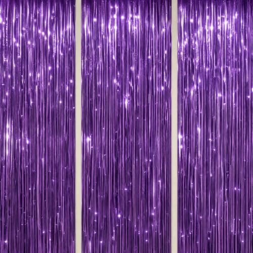 DECOCKRAT 3 Pack Foil Fringe Backdrop - Purple Shiny Tinsel Curtains for Party Decoration/Photo Booth Props - 3.3x8.2 FT Metallic Foil Backdrop for Birthday, Wedding, Graduation, Christmas.