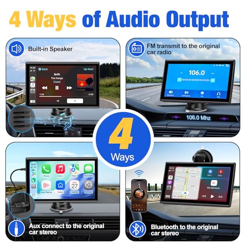 Carplay Screen for Car, 7 inch Wireless Carplay & Android Auto（Black） | Portable Touchscreen car play with Mirror Link，Bluetooth，Voice Control，Map Navigation，FM Transmit，Plug-and-Play car stereo