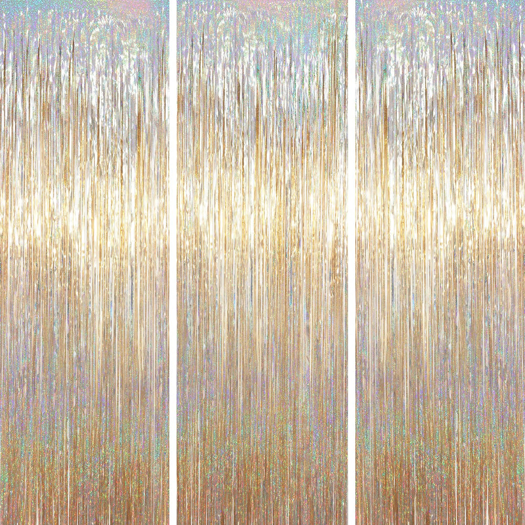 Voircoloria Champagne Foil Fringe Backdrop Curtains, 3.3x6.6ft, 3pcs | Tinsel Streamers, Birthday Party Decorations, Baby Shower, Gender Reveal, Graduation