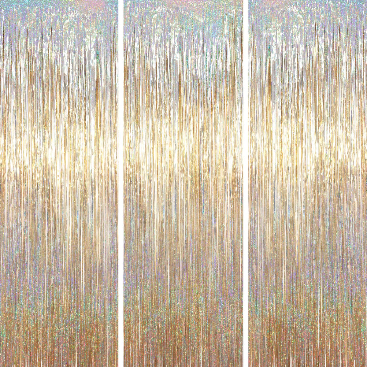 Voircoloria Champagne Foil Fringe Backdrop Curtains, 3.3x6.6ft, 3pcs | Tinsel Streamers, Birthday Party Decorations, Baby Shower, Gender Reveal, Graduation