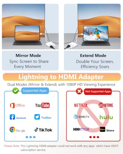 Lightning to HDMI Adapter for iPhone, [Apple MFi Certified] Digital AV Dongle, 1080P Sync Screen Cable with Lightning Charging Port for iPhone, iPad to TV/Projector/Monitor No Need Power Supply