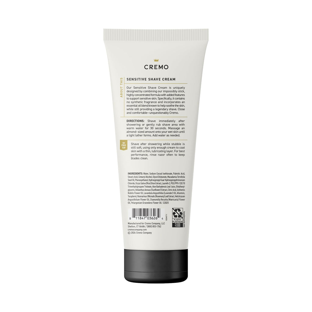 Cremo Shaving Cream for Men, Sensitive, 6 Fl Oz | Barber grade, Smooth shave cream, Cooling finish, Helps with razor irritation, Slick hydrating formula