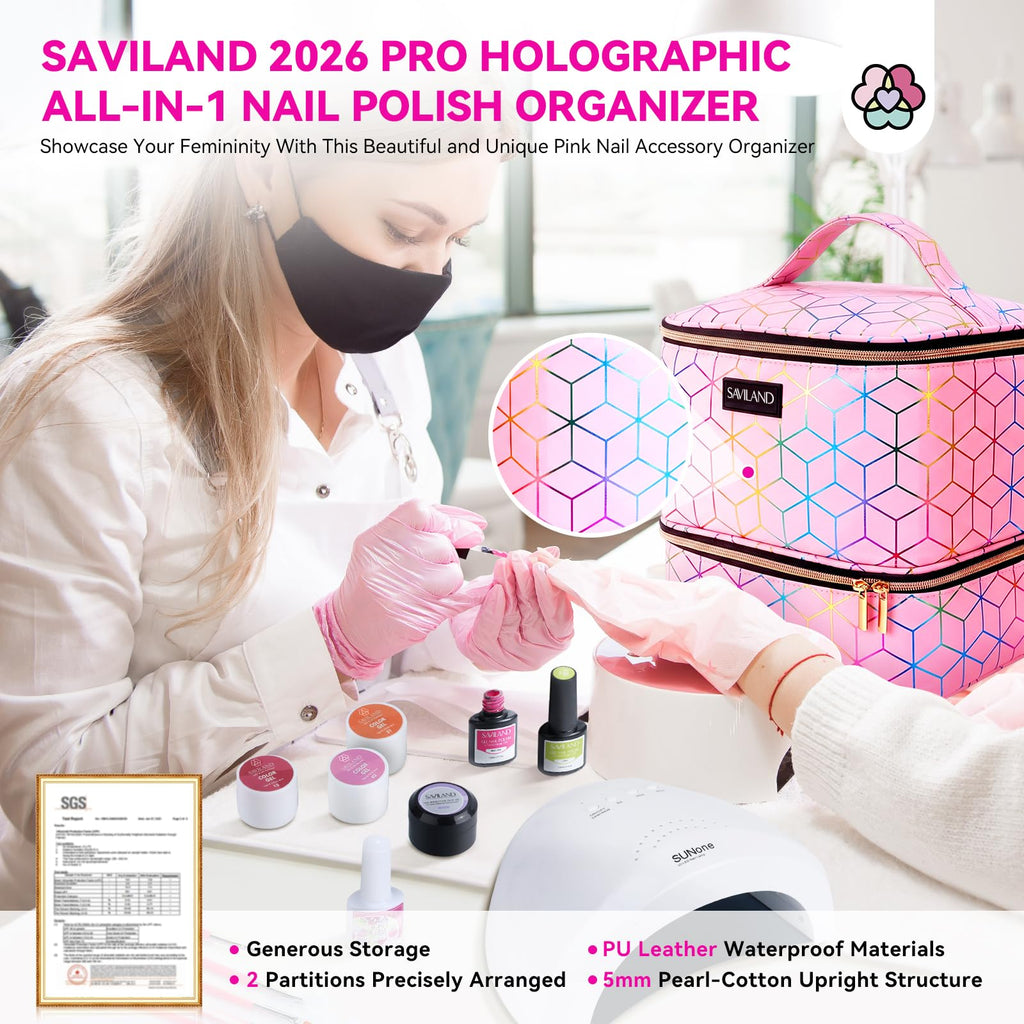 SAVILAND PU Leather Nail Polish Organizer Bag for Nail Tech, Pink | Holds 30 Bottles & Nail Lamp, Waterproof, Double-Layer, Adjustable Divider, Nail Organizers and Storage for Home and Travel