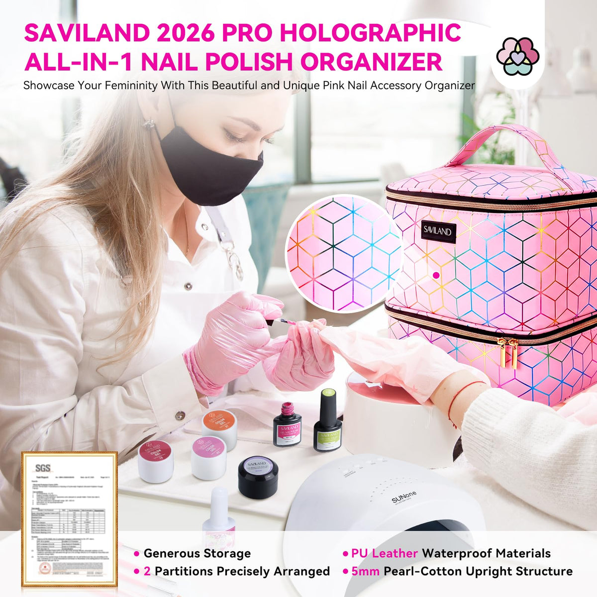 SAVILAND PU Leather Nail Polish Organizer Bag for Nail Tech, Pink | Holds 30 Bottles & Nail Lamp, Waterproof, Double-Layer, Adjustable Divider, Nail Organizers and Storage for Home and Travel
