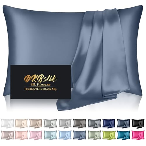 DKBslik Mulberry Silk Pillow Cases Standard Size with Zipper, Ash Blue | Silk Pillowcase for Hair and Skin, Anti Acne Cooling Sleep Both Sides Natural Silk Satin Pillow Covers, Gifts for Women Men