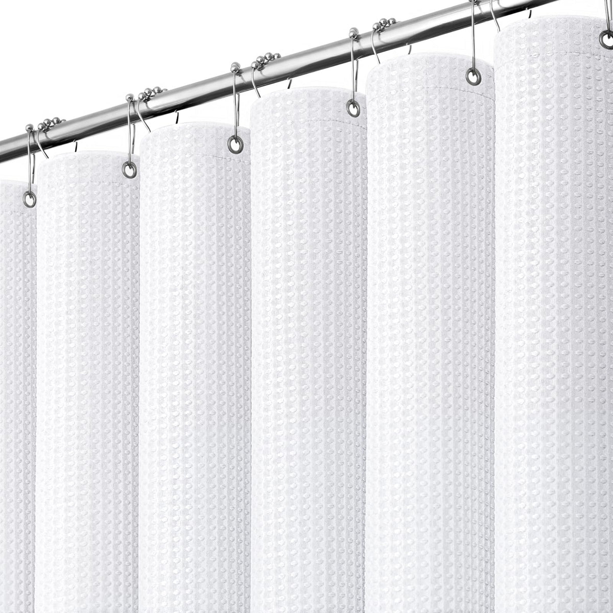 Dynamene Waffle Shower Curtain 256 GSM Heavy Duty Fabric 72"x72" White | Thick Textured Cloth, Weighted Hem, Water Repellent Washable, Hotel Luxury Polyester Shower Curtain Set for Bathroom 12 Hooks