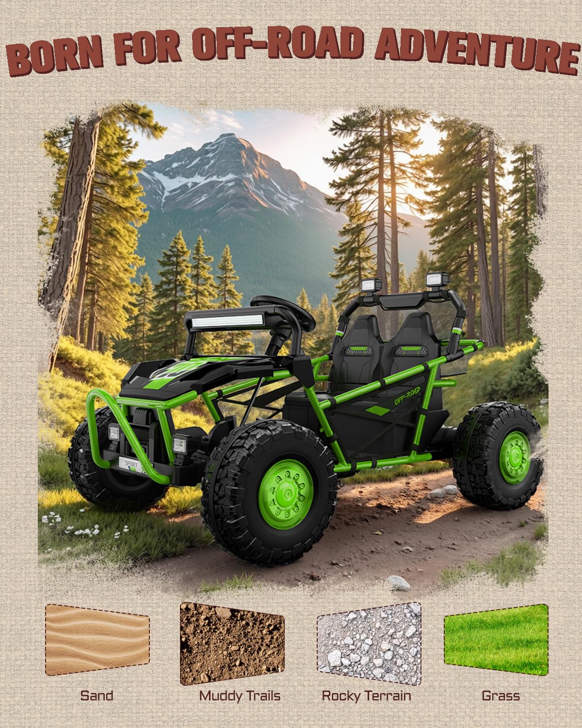 First Ride On 36V Kids Ride On UTV, 2-Seater 400W Electric Car for Kids 6+, 5-8 MPH Speed, 14" EVA Wheels, Metal Frame, Bluetooth Music, Rear Metal Suspension Off-Road Vehicle (Green)