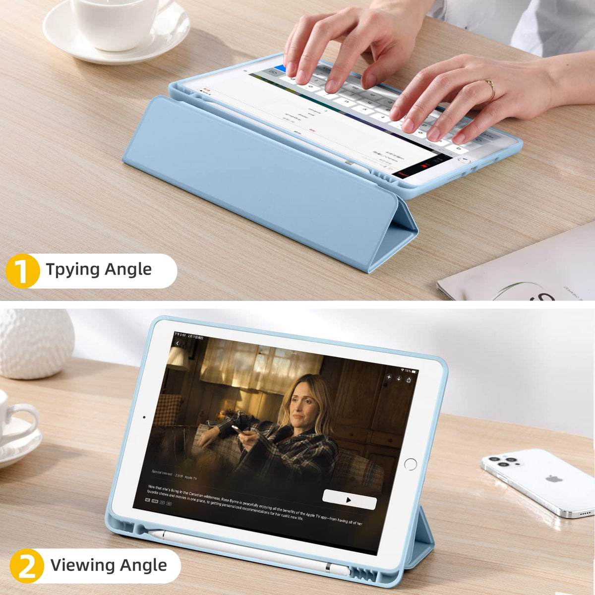 Akkerds for iPad 9th/8th/7th Generation Case 10.2 Inch, Sky Blue | With Pencil Holder, for iPad 10.2 Case 2021/2020/2019, Soft TPU Back, Slim Trifold Stand Protective Cover, Auto Sleep/Wake