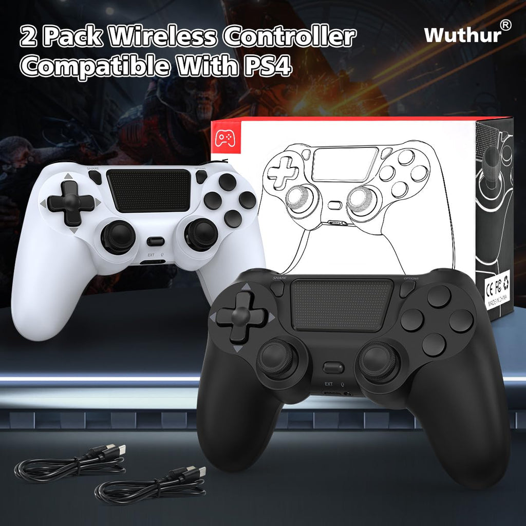 Wuthur 2 Pack Wireless Controller Compatible with PS4 / Pro/Slim (Black & White)