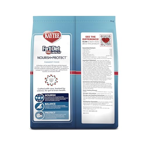 Kaytee Forti-Diet Pro Health Nourish+Protect Parakeet Food, 2 Pounds | Balanced digestion daily. Parakeet seed with superfoods. Prebiotics, probiotics, small bird food