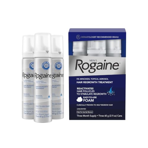Men's Rogaine 5% Minoxidil Topical Foam, Unscented, 3 x 2.11 oz | Hair Regrowth Foam, Topical Hair Loss Treatment for Men, Regrow Fuller, Thicker Hair, Unscented, Aerosol, 3-Month Supply