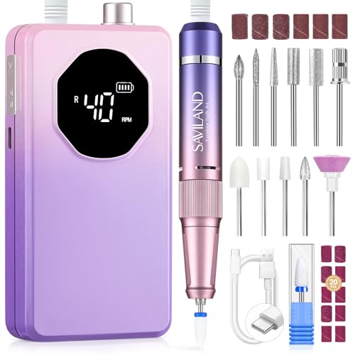 SAVILAND Nail Drill Professional 40000RPM 30S Fast Removal for Acrylic Nail | Low noise running, 4000mAh battery Long-Lasting, Complete drill bit set, Salon&mobile tech use, LCD display, Gradient Purple