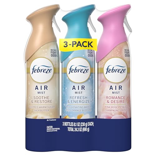 Febreze Air Mist, Air Freshener, Odor Fighting Room Spray, Deodorizer for Home Bathroom Kitchen Office Apartment, Soothe & Restore, Refresh & Energize, Romance & Desire Variety Pack, 8.1oz (Pack of 3)