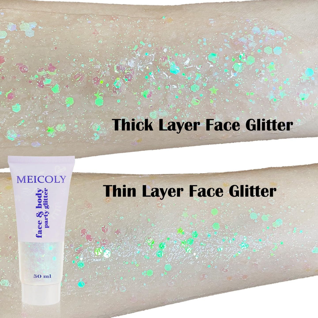 MEICOLY Clear White Face Body Glitter Gel, Halloween Mermaid Fairy Hair Glitter Makeup for Kids Women,Sparkly Party Singer Concerts Glitter Gel,Mardi Gras Rave Running Half Marathon Accessories,50ml
