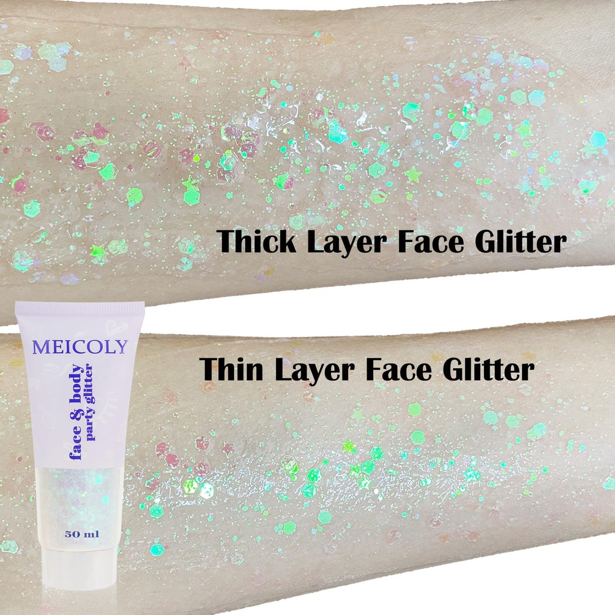 MEICOLY Clear White Face Body Glitter Gel, Halloween Mermaid Fairy Hair Glitter Makeup for Kids Women,Sparkly Party Singer Concerts Glitter Gel,Mardi Gras Rave Running Half Marathon Accessories,50ml