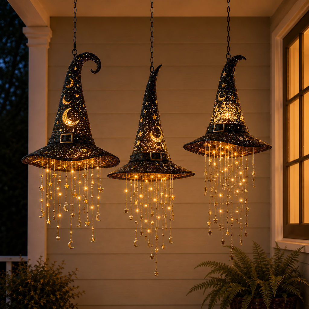 🎃Halloween Lighted Witch Hat Wind Chime, Glowing Hanging Chime Decoration, Spooky LED Witch Hat Ornament for Yard, Window & Party Decor
