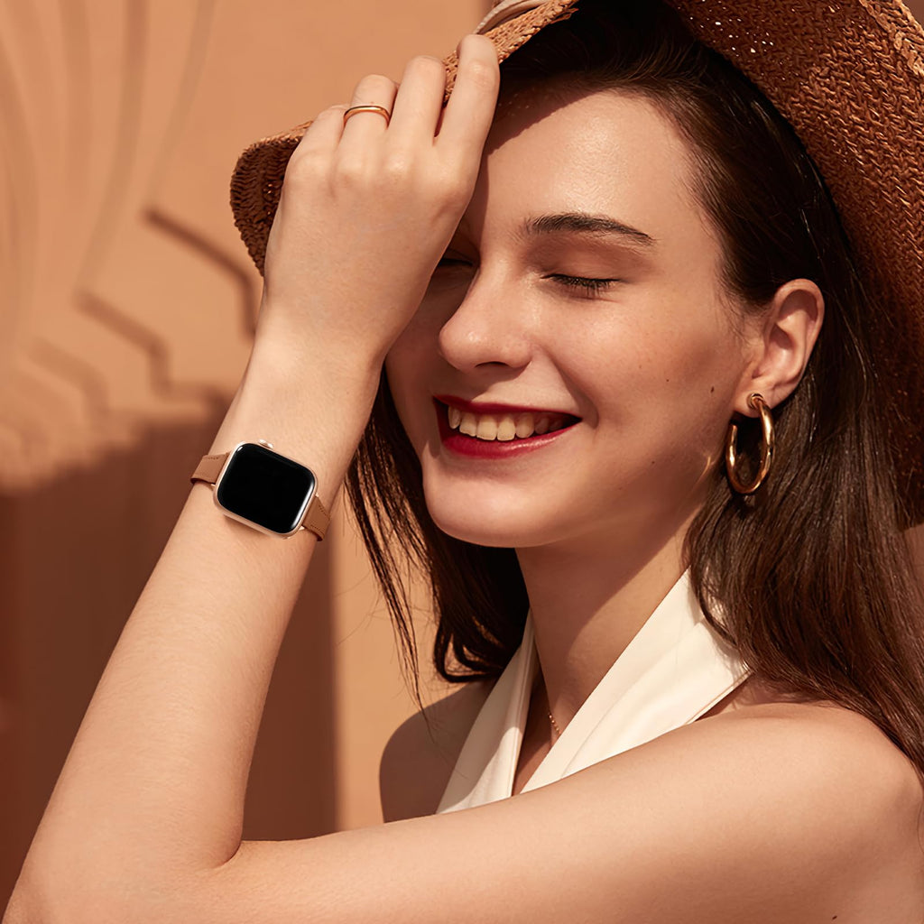 Charlam Slim Leather Band Compatible with Apple Watch Bands for Women 40mm 38mm 41mm 42mm 44mm 45mm 46mm, Top Grain Genuine Leather Strap Thin Wristband for iWatch Series 12 11 10 SE 9 8 7 6 5 4 3 2 1