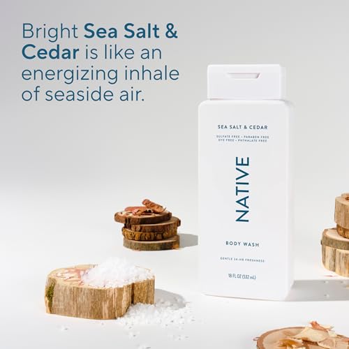 Native Clean Body Wash for Women & Men, Sea Salt & Cedar Scent, 18 fl oz | Gentle & pH Balanced for Sensitive Skin | 24HR Freshness | Free of Sulfates, Parabens, Phthalates | Vegan & Cruelty-Free