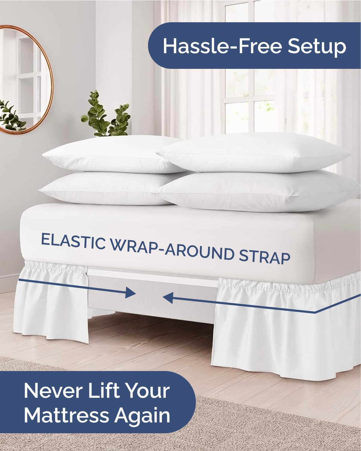 CGK Wrap Around Dust Ruffle Bed Skirt - Queen Size, 15" Inch, White | Easy Fit Elastic Strap, Adjustable Pleated Bedskirt w/Brushed Fabric, Wrinkle & Fade Free, for Women, Men, Kids & Teens