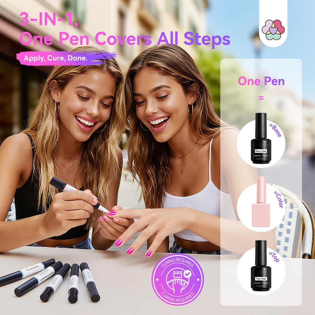 SAVILAND One-Step Gel Nail Polish Pens Set, 6 Colors Pearl Pink Blue | 3 in 1 Gel Polish Set Beginner, Base & Color Gel & Top in One Pen, Aurora Effect, Travel 4ml, U V Lamp Needed, Women Gift