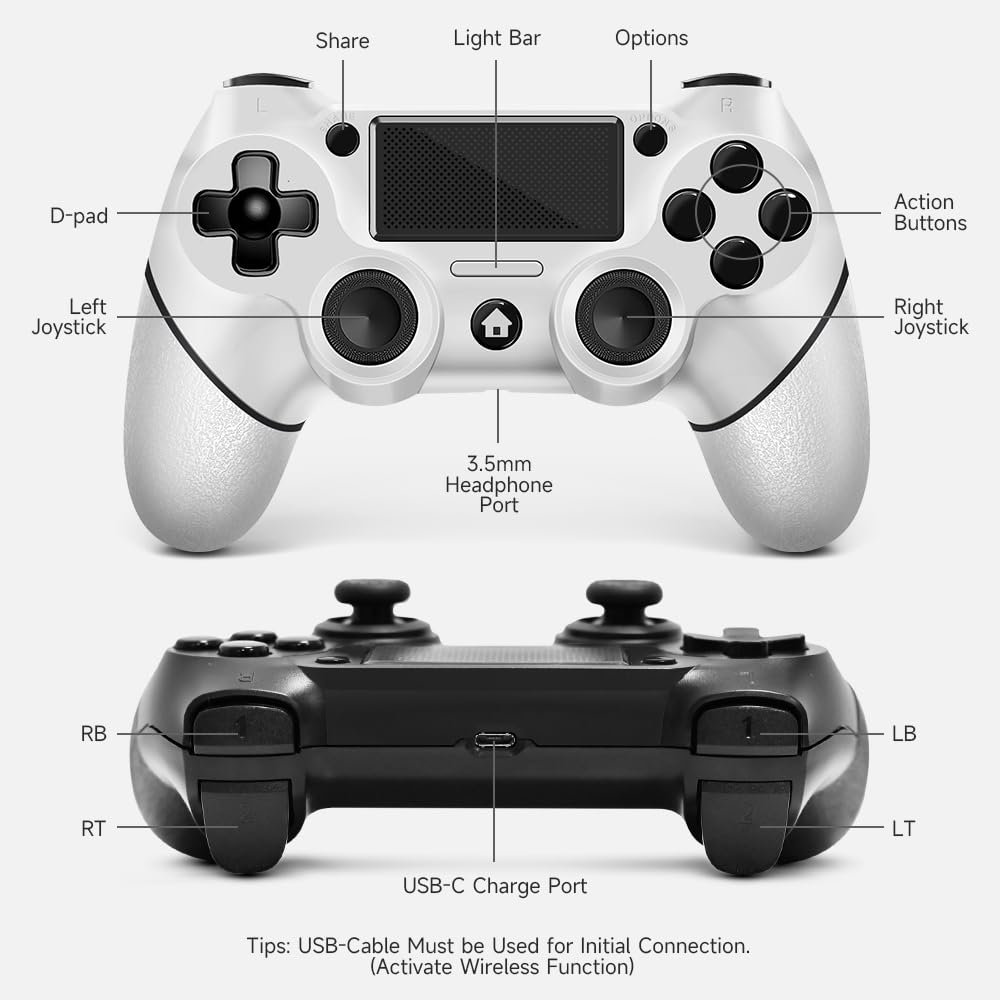 AceGamer 2 Pack for PS4 Controller, Wireless Controller for PS4/Pro/Slim/PC, with Non-Slip Grip of Both Sides and USB-C Cable! (Black and White)