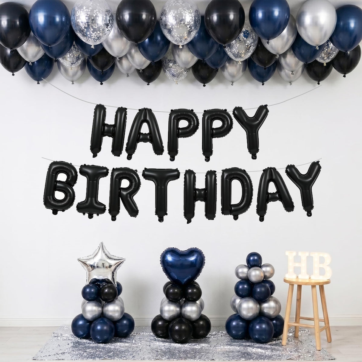 TONIFUL 16 Inch Black Happy Birthday Balloons Banner Decorations for Men | Reusable Foil Letter Birthday Sign Black Birthday Decoration for 16th 30th 50th 60th Boys Adults and Halloween Birthday Party
