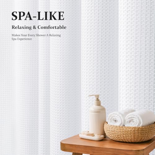 Dynamene Waffle Shower Curtain 256 GSM Heavy Duty Fabric 72"x72" White | Thick Textured Cloth, Weighted Hem, Water Repellent Washable, Hotel Luxury Polyester Shower Curtain Set for Bathroom 12 Hooks