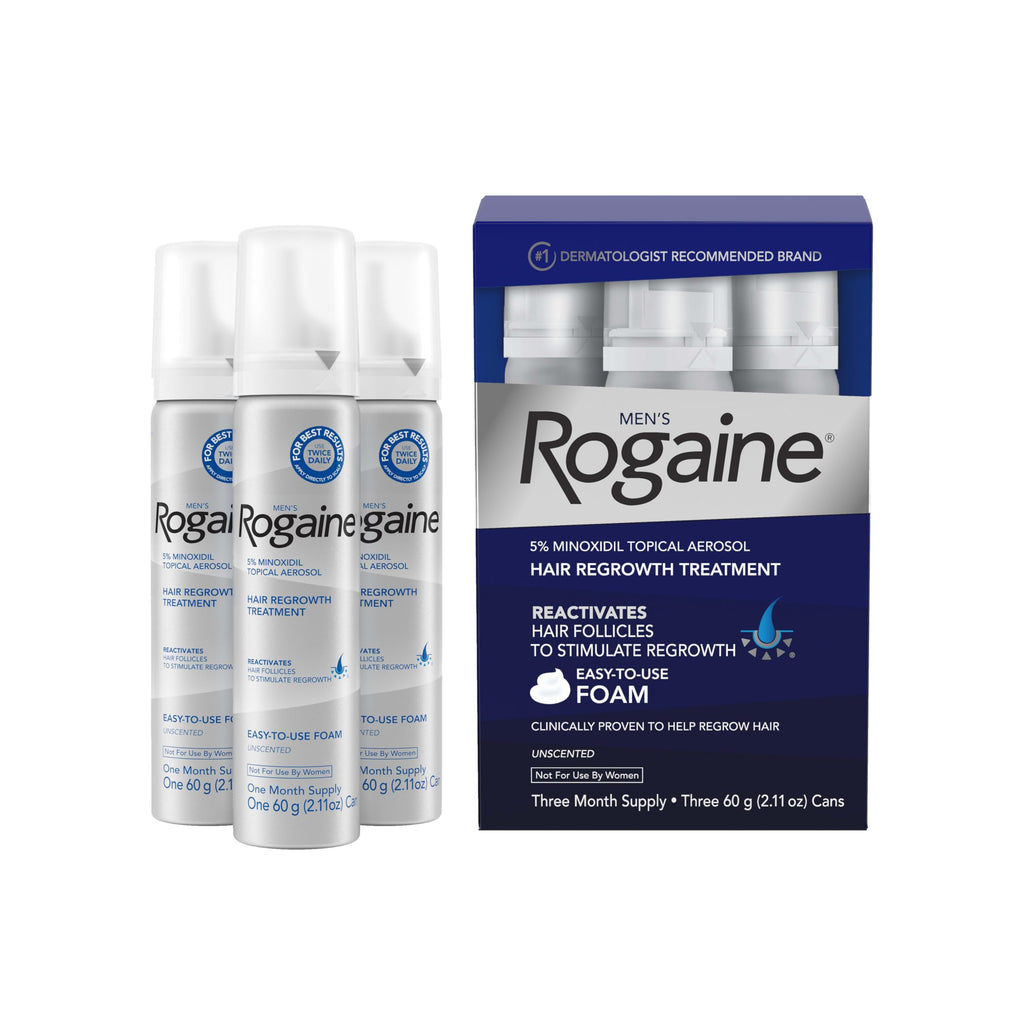 Men's Rogaine 5% Minoxidil Topical Foam, Unscented, 3 x 2.11 oz | Hair Regrowth Foam, Topical Hair Loss Treatment for Men, Regrow Fuller, Thicker Hair, Unscented, Aerosol, 3-Month Supply
