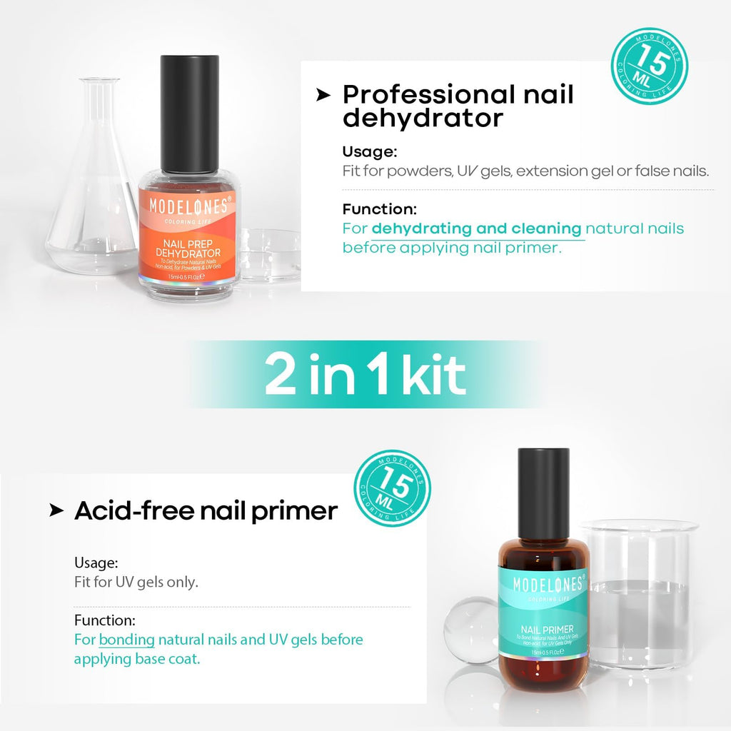 modelones Nail Dehydrator and Primer, Acid Free Prep Kit for Base Coat | Natural Hema-Free dehydrator & Bond Primer Prep Kit, Acrylic Nail Supplies 2 Pcs 15 ml