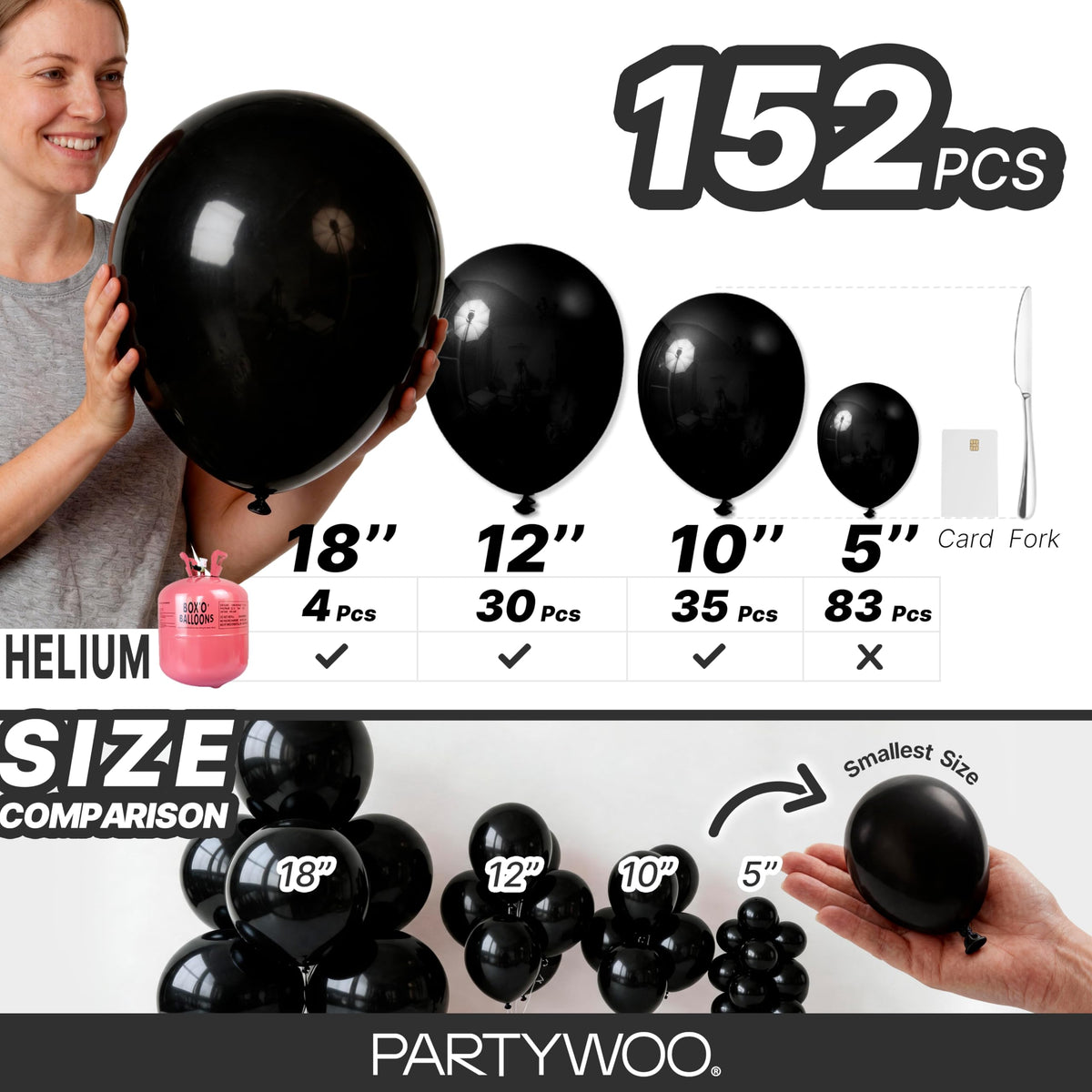 PartyWoo Black Balloons 152pcs Different Sizes of 18 12 10 5 Inch | Balloons for Baby Shower Birthday Graduation Casino Gaming Anniversary Race Car Baby Party Decorations Black-Y18