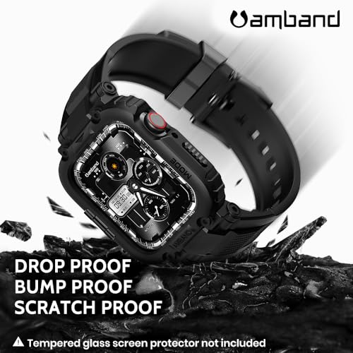 amBand Bands Compatible with Apple Watch 9/8/7/6/5/4 & SE 3/2/1 45mm/44mm Case for Men, M1 Sport Series Rugged Case Protective Cover for iWatch SE3/SE2/6/SE/5/4 44/45 mm Men Black