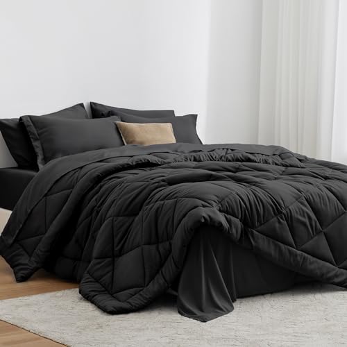 Love's cabin King Size Comforter Set, 7 Pieces Bed in a Bag, Black | OEKO-TEX Certified, All-Season, 1 Down-Alternative Comforter + 1 Flat & Fitted Sheets + 2 Pillowcases + 2 Pillow Shams