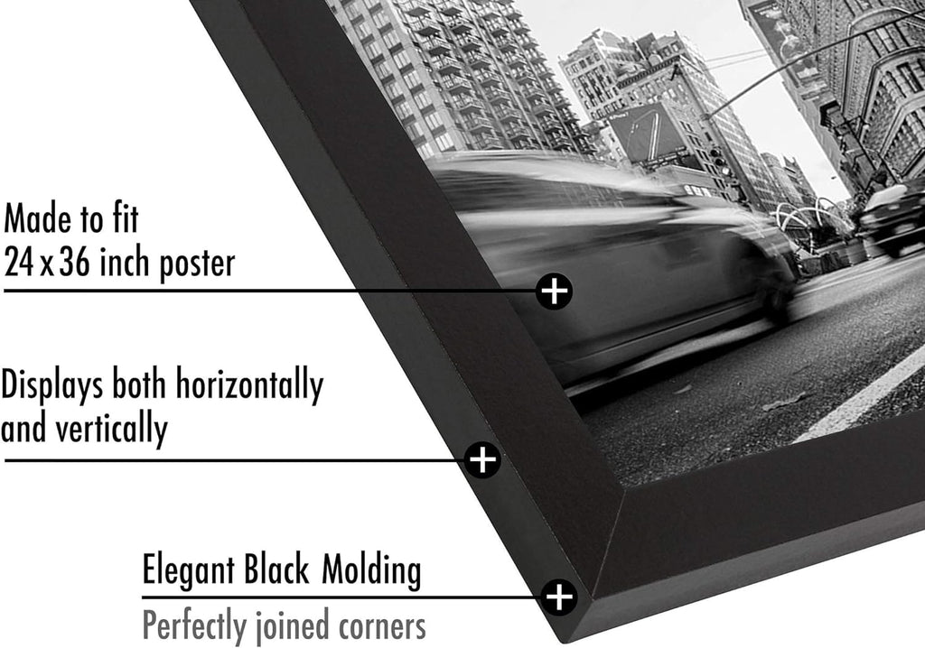 Americanflat 24x36 Poster Frame - Engineered Wood - Black | Polished plexiglass front, hangs vertical or horizontal, sawtooth hangers included, secure turn-tab backing