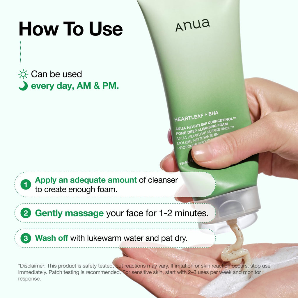 Anua Heartleaf Quercetinol Pore Deep Cleansing Foam, 5.07 fl.oz | Face wash for Pore Refining Cleanser, Hydrating Daily Cleanser for Double Cleansing, Gentle Foaming with BHA, Korean Skincare