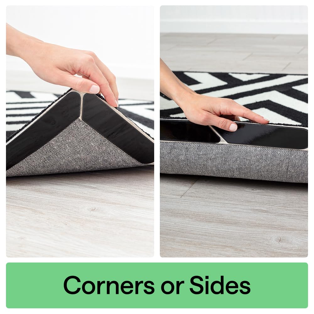 GORILLA GRIP® Extra Long Rug Grippers for Hardwood Floor, Reusable, Black | Dual-Sided Adhesives Pads Keep Area Rugs Corners Flat, Holds Down Carpet on Hard Wood, Tile Floors, Renter Friendly, 8 Pack