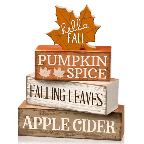 Moucuny 4 Pcs Fall Decor Wooden Maple Leaf Decoration Thanksgiving Decor | Rustic Stackable Blocks with Apple Cider Leaves Sayings,Thanksgiving Table Centerpiece, Farmhouse for Autumn Harvest Party