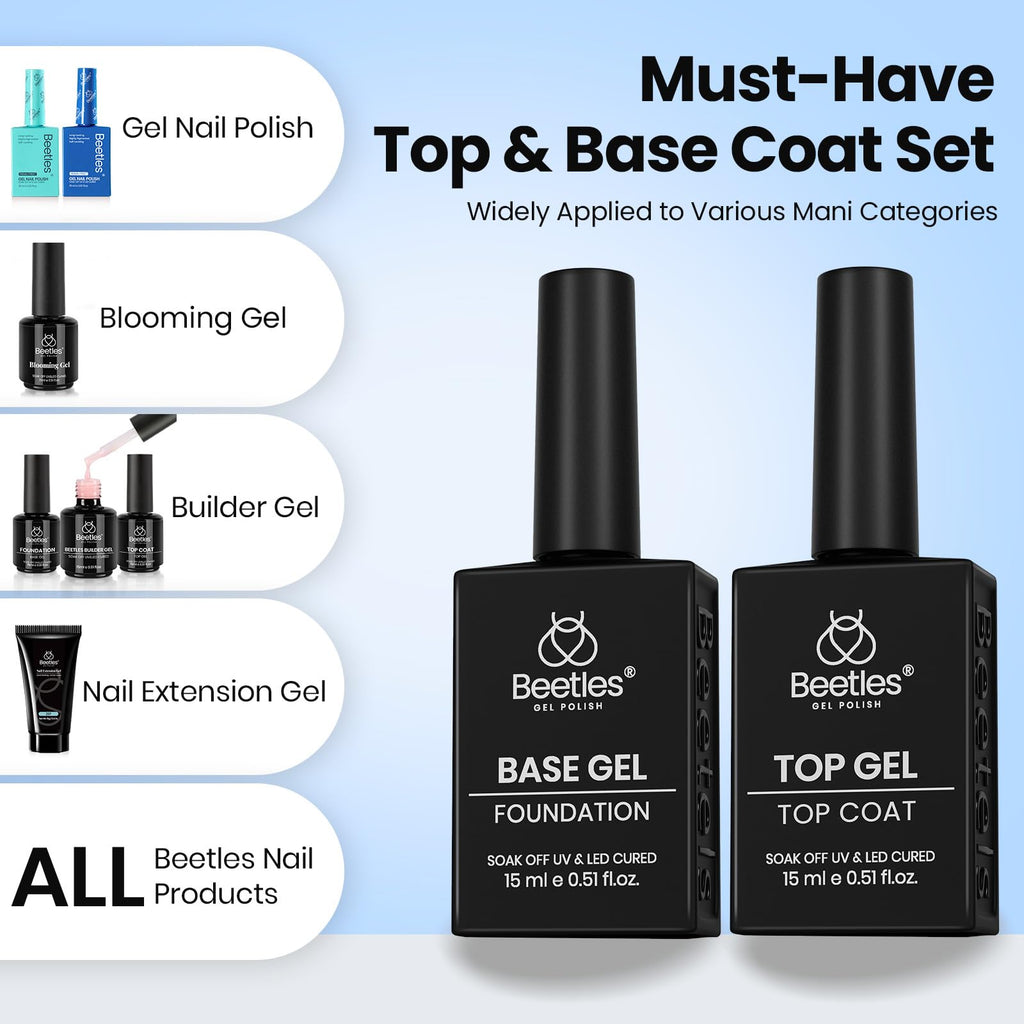 Beetles No Wipe Gel Top Coat and Base Coat Set for Gel Nail Polish | 2Pcs 15ml Super Shiny and Long Lasting Soak Off UV/LED Lamp Nail Art Design Gift