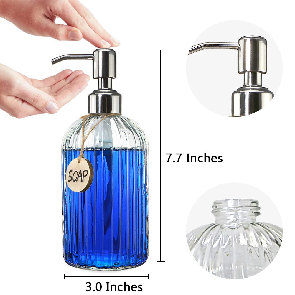 JASAI 18 Oz Clear Glass Soap Dispenser with Rust Proof Stainless Steel Pump | Refillable Liquid Hand soap Dispenser for Bathroom, Premium Kitchen Soap Dispenser (Clear).